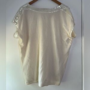 Magaschoni 100% Cashmere Sweater w/ Sequin Detail Short Sleeve Cream Ivory XL